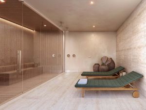 Perspectiva ilustrativa da sauna com sala de descanso