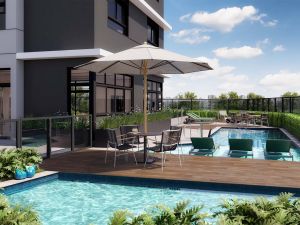 Perspectiva ilustrativa da piscina adulto e infantil com deck molhada