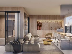 Living do apartamento de 70 m² com 2 dorms. (1 suíte)